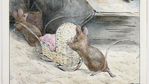 Illustration by Beatrix Potter of two mice with a wicker baby rocker